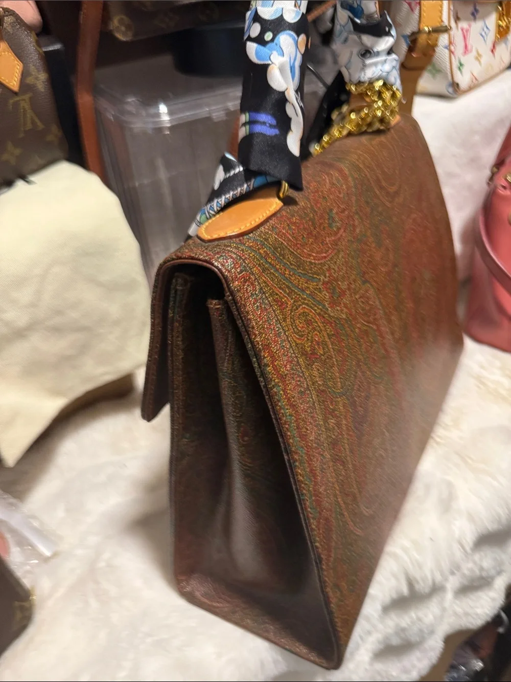 Etro Milano -Textured Brown Satchel with Scarf-Wrapped Handle and Gold Chain
